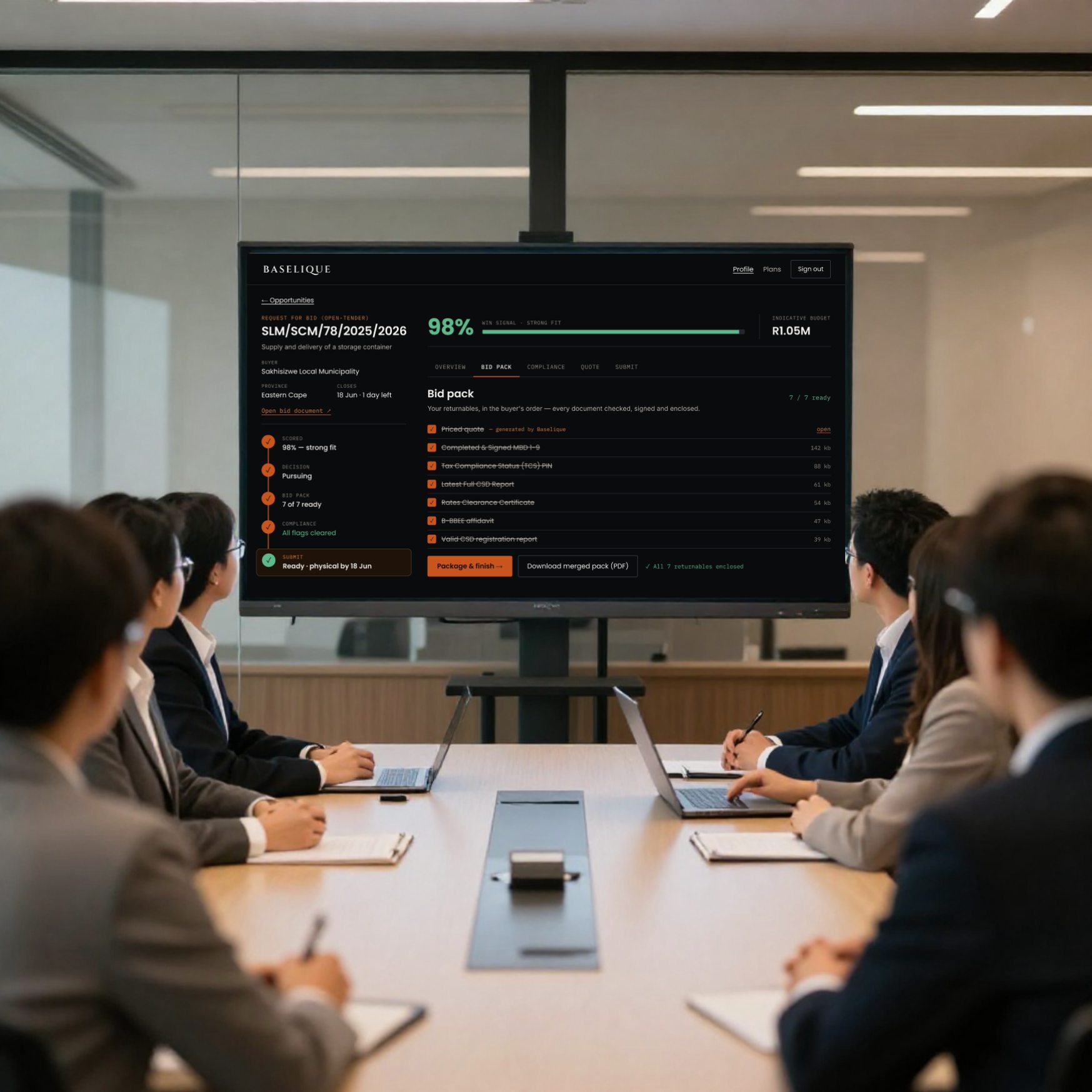 A board reviewing a submission-ready Baselique bid pack — 98% win signal, all returnables cleared